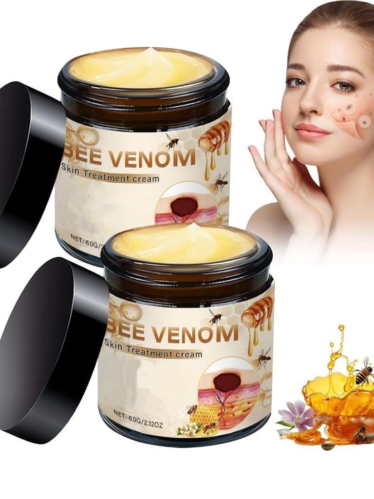 bee venom skin cream 2-pack with jars and a woman applying cream to her skin.