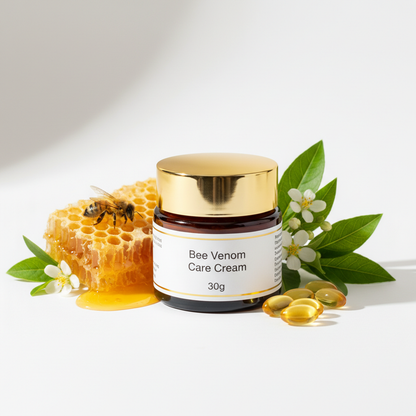 Bee Venom Care Cream jar next to honeycomb, promoting bee venom anti-aging cream benefits for healthy skin.