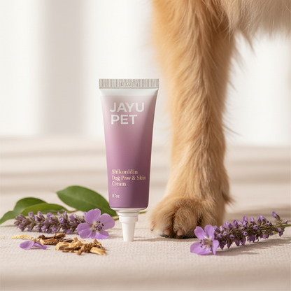 Dog paw moisturizer cream tube beside a dog&